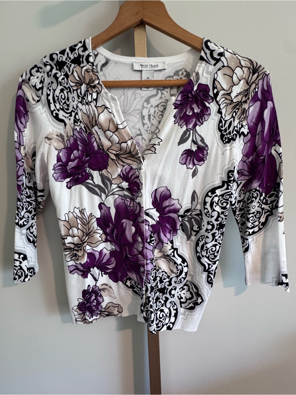 White House Black Market White Cardigan with Purple Floral Print